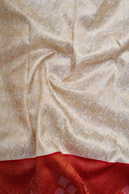 Ornate Grid Medallion & Contrast Temple Border Pure Silk Saree with Silver Touch  (Revalue)