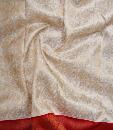 Ornate Grid Medallion & Contrast Temple Border Pure Silk Saree with Silver Touch  (Revalue)