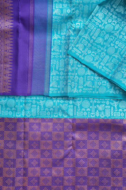 Folk Bird & Botanical Mosaic Pure Silk Saree with Silver Zari (Revalue)
