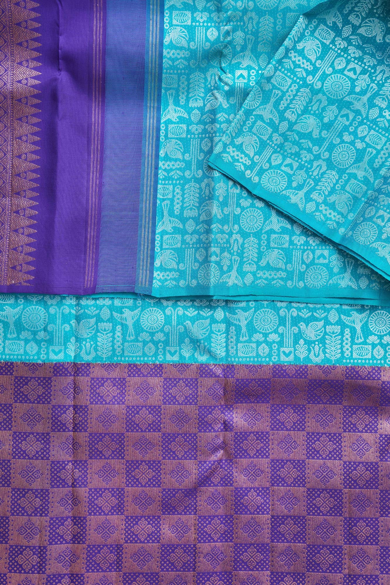 Folk Bird & Botanical Mosaic Pure Silk Saree with Silver Zari (Revalue)