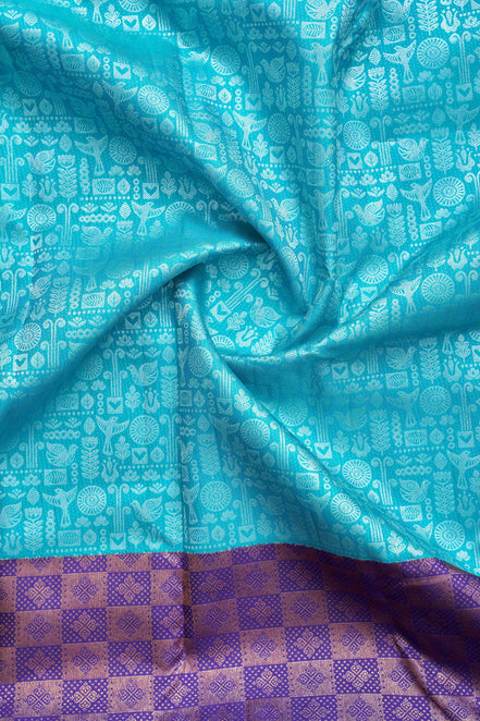 Folk Bird & Botanical Mosaic Pure Silk Saree with Silver Zari (Revalue)