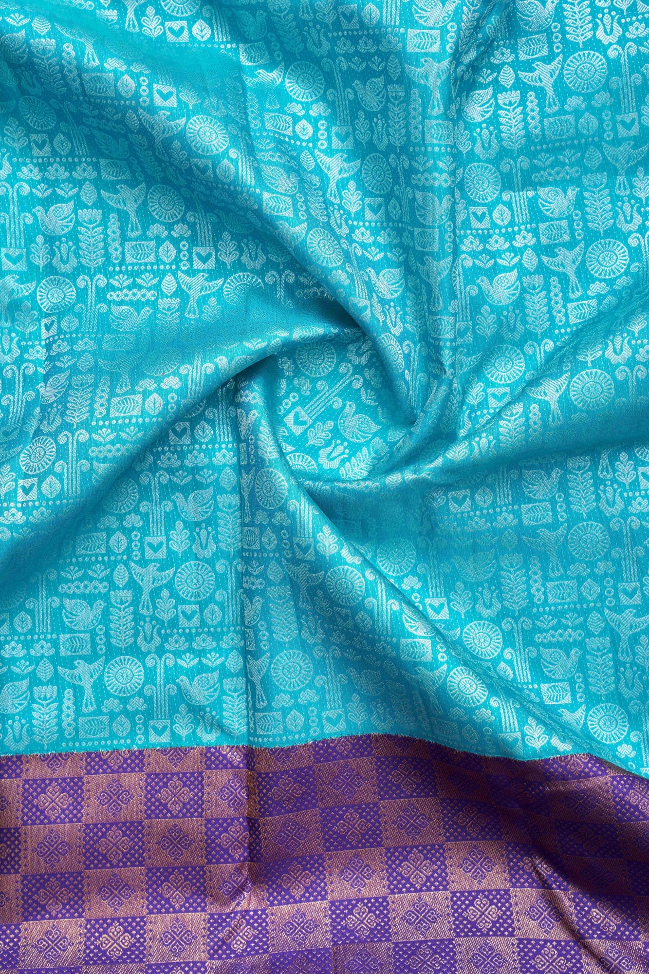 Folk Bird & Botanical Mosaic Pure Silk Saree with Silver Zari (Revalue)