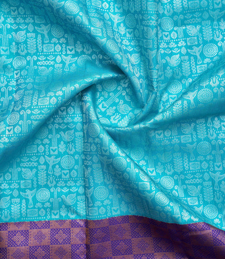 Folk Bird & Botanical Mosaic Pure Silk Saree with Silver Zari (Revalue)