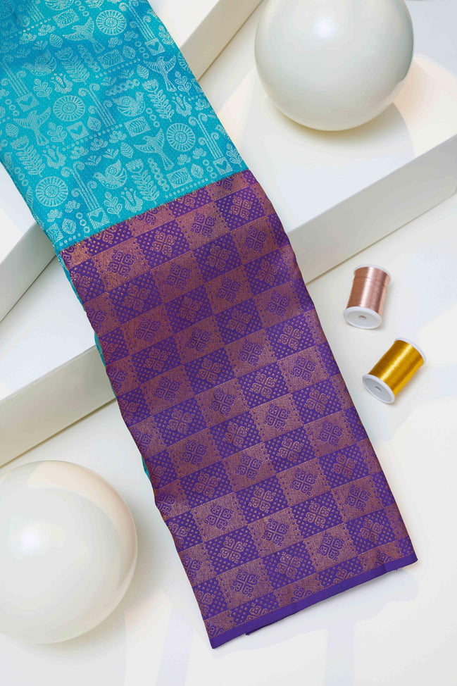 Folk Bird & Botanical Mosaic Pure Silk Saree with Silver Zari (Revalue)