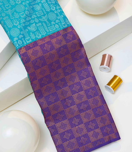 Folk Bird & Botanical Mosaic Pure Silk Saree with Silver Zari (Revalue)