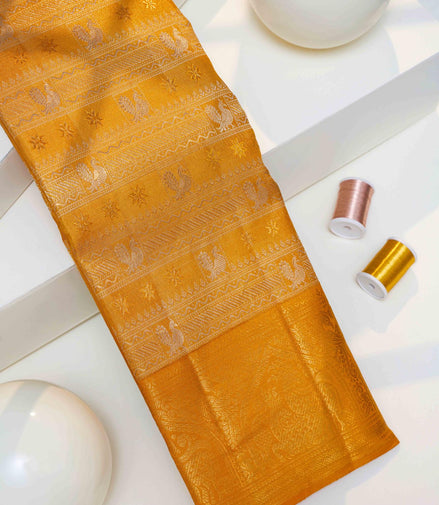 Annapakshi & Mayil Arch Motif Mustard Pure Tissue Silk Saree (Revalue)