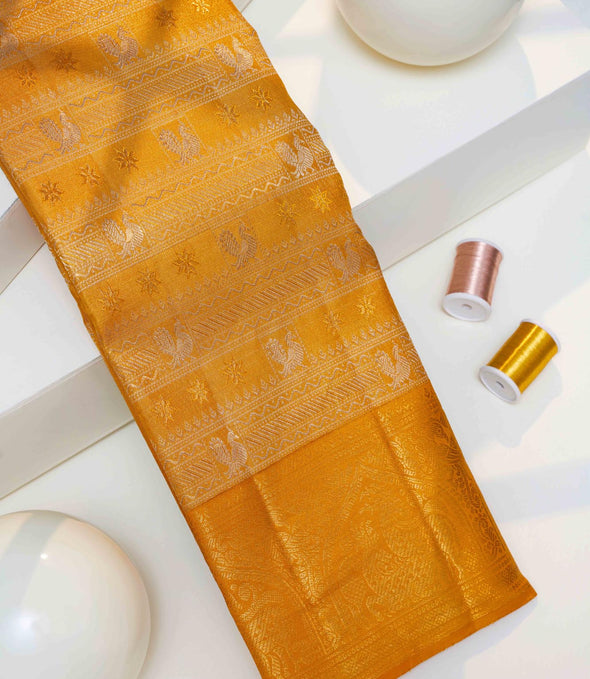 Annapakshi & Mayil Arch Motif Mustard Pure Tissue Silk Saree (Revalue)