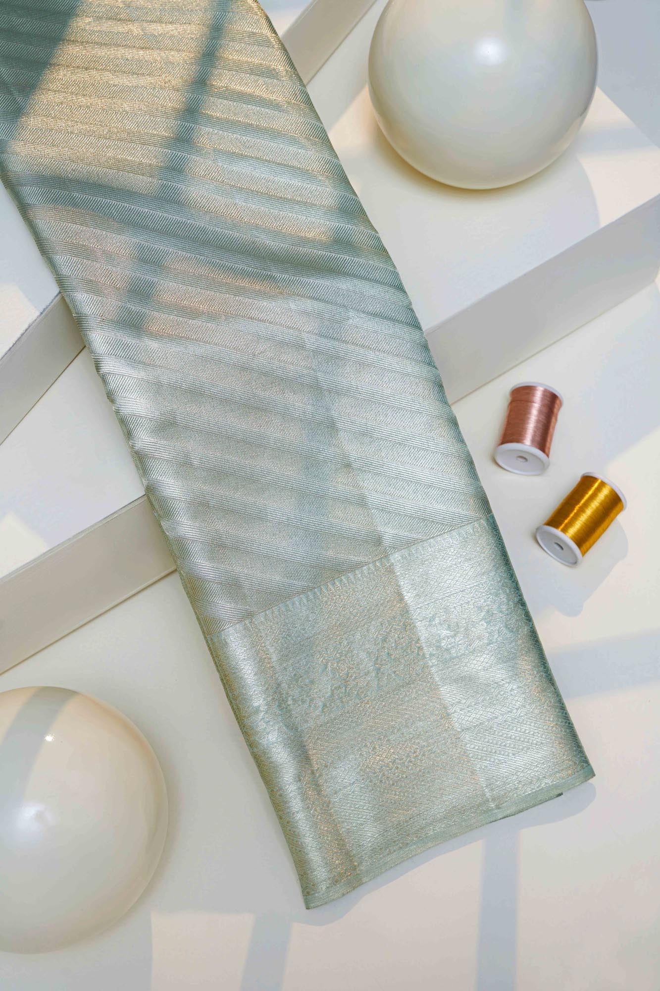 Diagonal Stripe Shimmer Mint-Green Pure Tissue Silk Saree