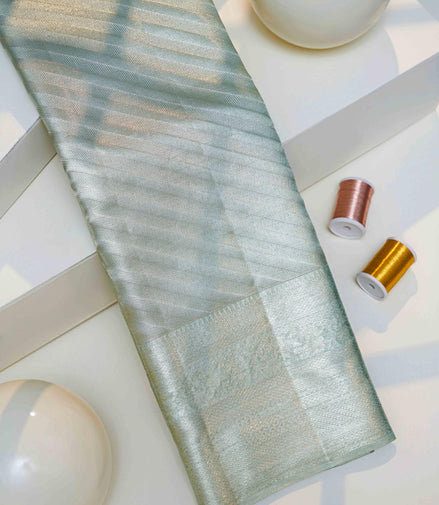 Diagonal Stripe Shimmer Mint-Green Pure Tissue Silk Saree