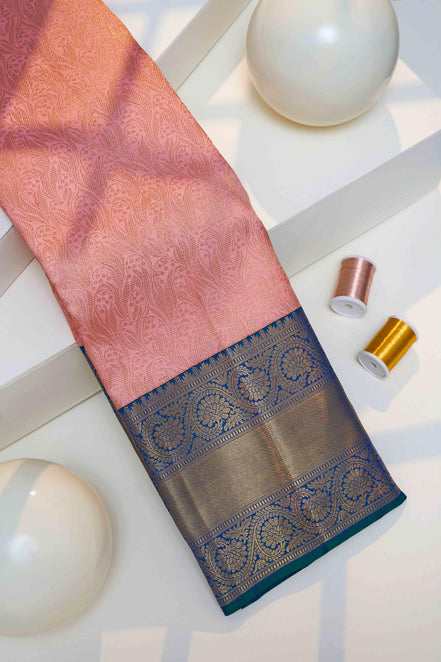 Paisley-Vine Jaal & Contrast Royal Blue Border Pure Silk Saree with Silver Touch (Revalue)
