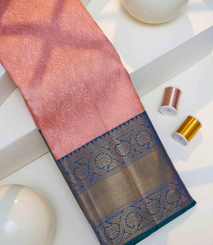 Paisley-Vine Jaal & Contrast Royal Blue Border Pure Silk Saree with Silver Touch (Revalue)