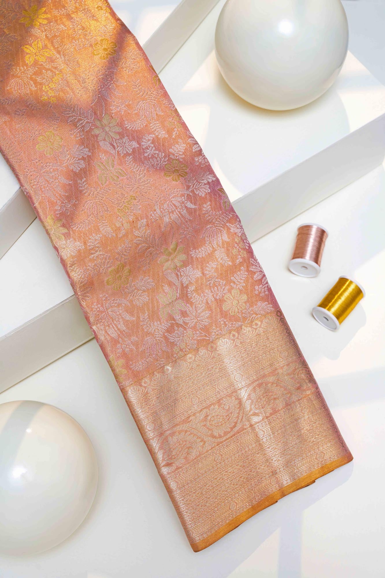 Dual-Tone Rose Gold Floral Jaal & Paisley Border Pure Tissue Silk Saree