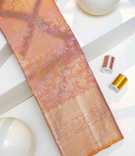 Dual-Tone Rose Gold Floral Jaal & Paisley Border Pure Tissue Silk Saree