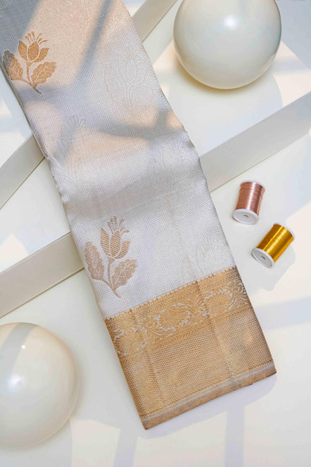 Chevron Self-Weave & Mughal Tulip Motif Pure Silk Saree with Silver Touch (Retouch)