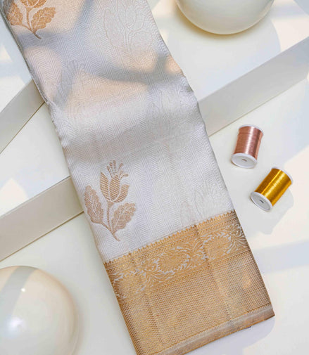Chevron Self-Weave & Mughal Tulip Motif Pure Silk Saree with Silver Touch (Retouch)