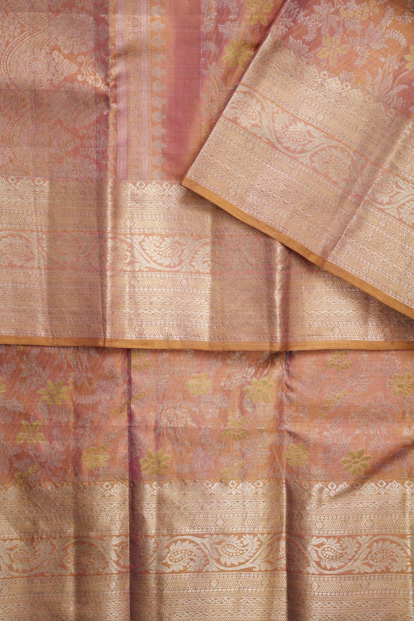 Dual-Tone Rose Gold Floral Jaal & Paisley Border Pure Tissue Silk Saree