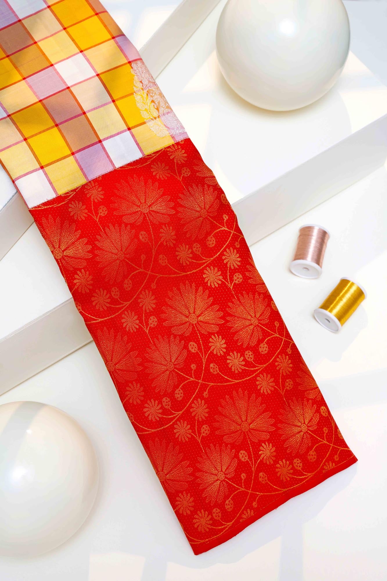 Madras Check & Floral Skirt Border Pure Silk Saree with Silver Touch (Revalue)