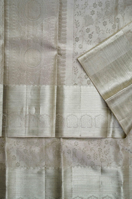 All-Over Floral Jaal & Chakra Medallion Silver-Tissue Silk Saree