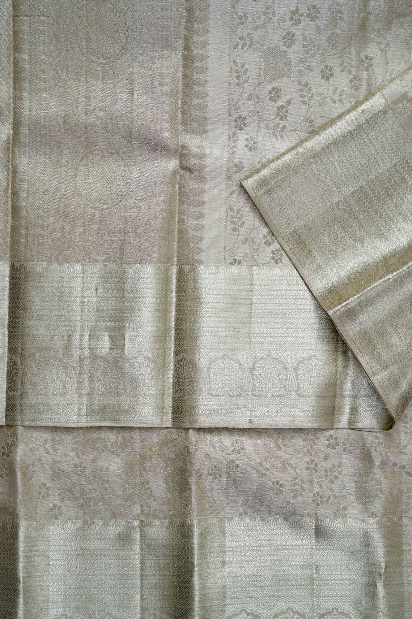 All-Over Floral Jaal & Chakra Medallion Silver-Tissue Silk Saree