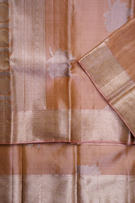 Maple Leaf Motif & Paisley Arch Border Pure Tissue Silk Saree