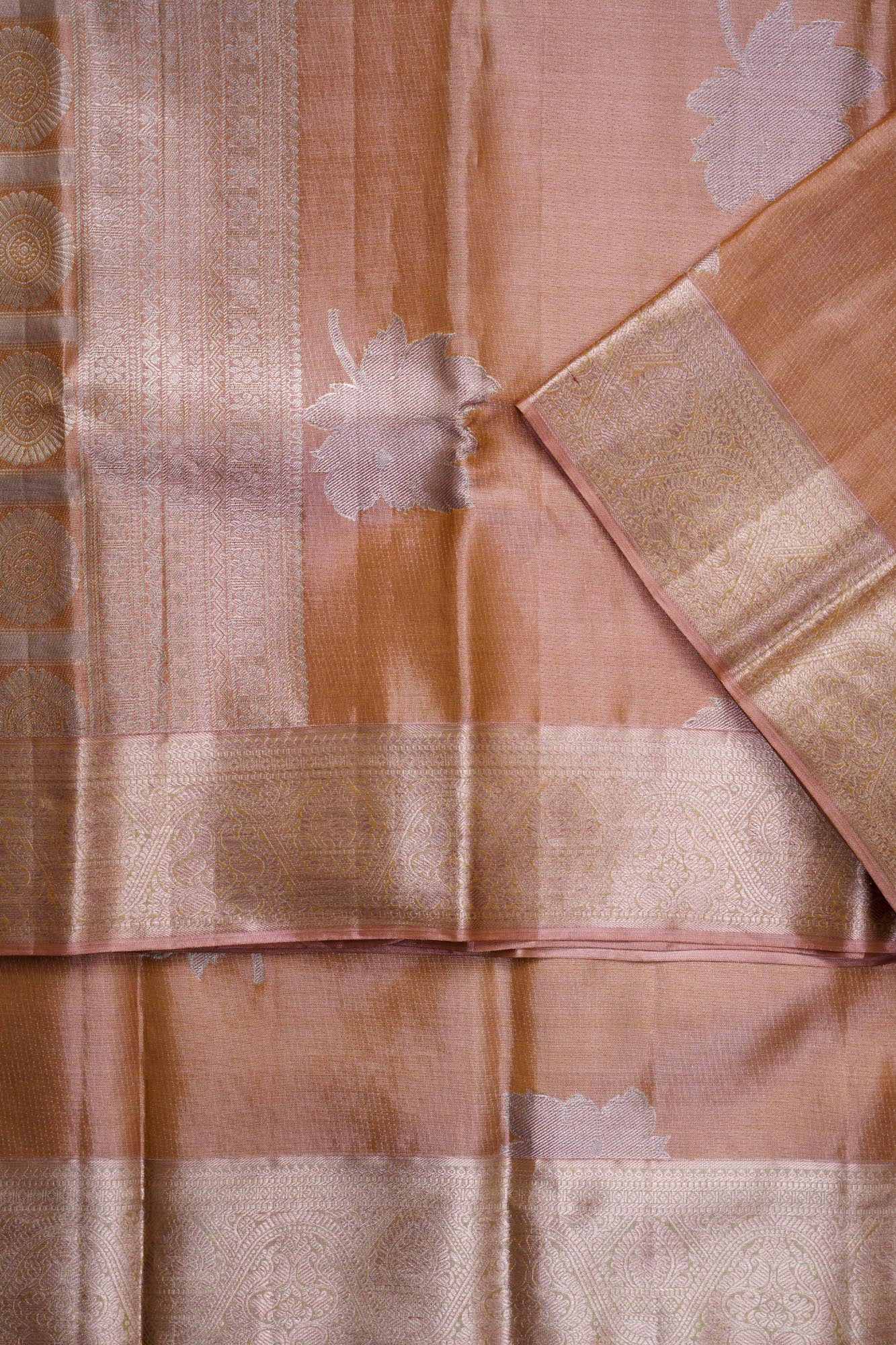 Maple Leaf Motif & Paisley Arch Border Pure Tissue Silk Saree