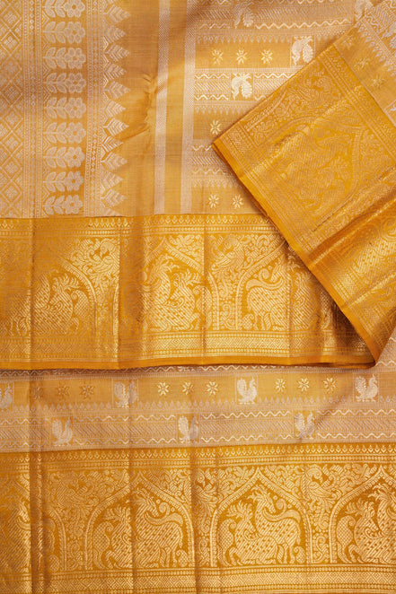 Annapakshi & Mayil Arch Motif Mustard Pure Tissue Silk Saree (Revalue)