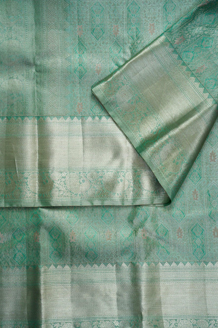 Geometric Diamond Ikat & Peacock Arch Border Sea-Green Pure Tissue Silk Saree