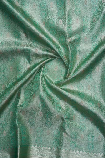 Geometric Diamond Ikat & Peacock Arch Border Sea-Green Pure Tissue Silk Saree