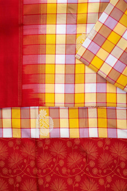 Madras Check & Floral Skirt Border Pure Silk Saree with Silver Touch (Revalue)