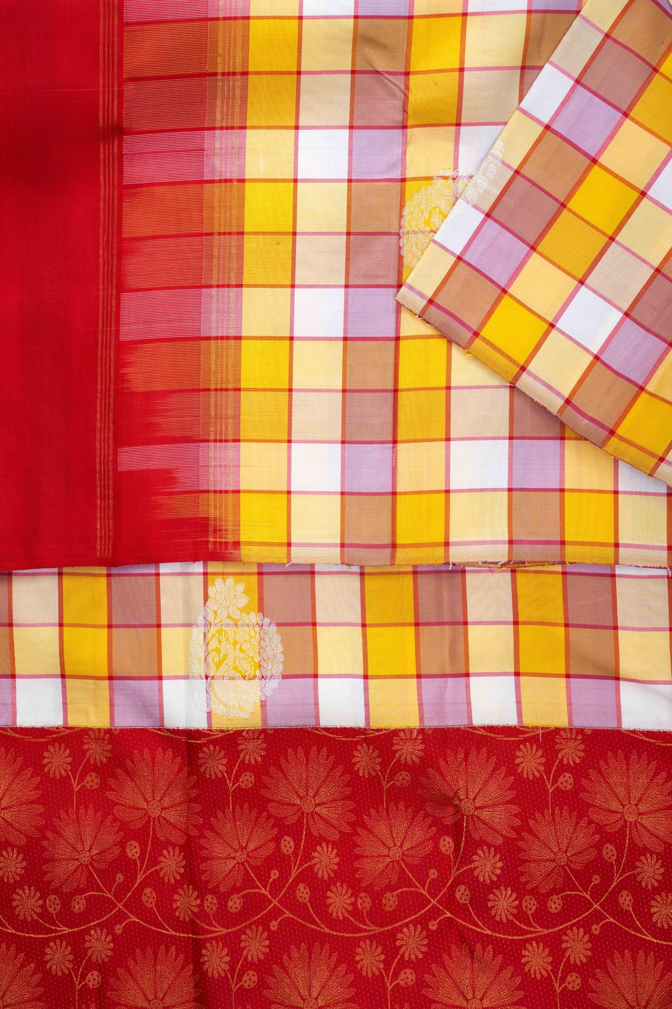 Madras Check & Floral Skirt Border Pure Silk Saree with Silver Touch (Revalue)