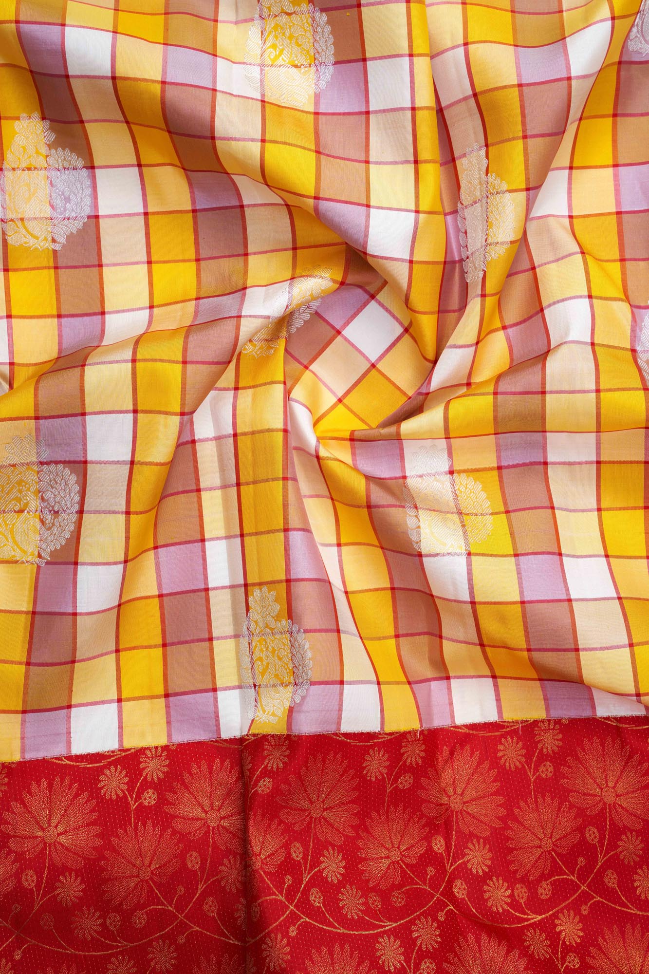 Madras Check & Floral Skirt Border Pure Silk Saree with Silver Touch (Revalue)