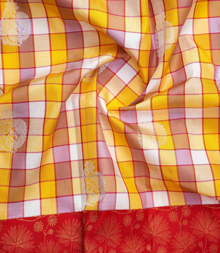 Madras Check & Floral Skirt Border Pure Silk Saree with Silver Touch (Revalue)
