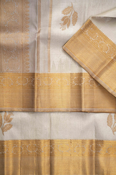 Chevron Self-Weave & Mughal Tulip Motif Pure Silk Saree with Silver Touch (Retouch)