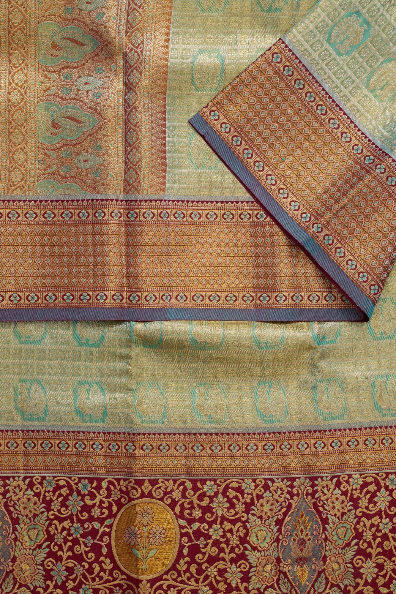 Geometric Grid Annapakshi & Meenakari Floral Border Pure Tissue Silk Saree