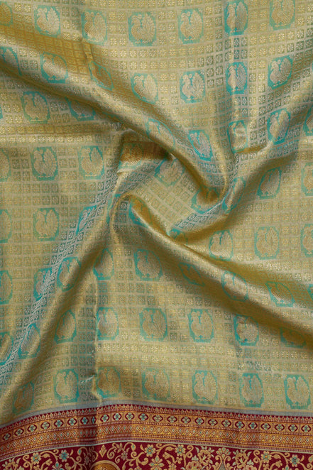Geometric Grid Annapakshi & Meenakari Floral Border Pure Tissue Silk Saree