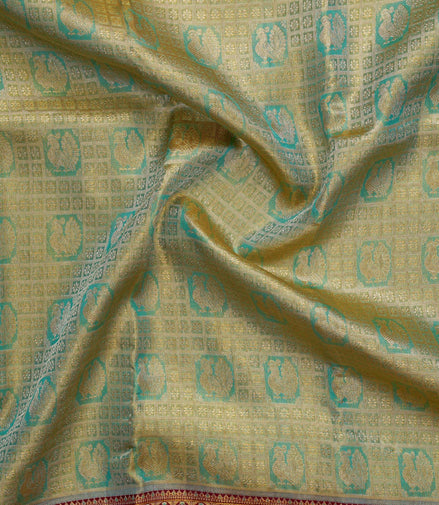 Geometric Grid Annapakshi & Meenakari Floral Border Pure Tissue Silk Saree