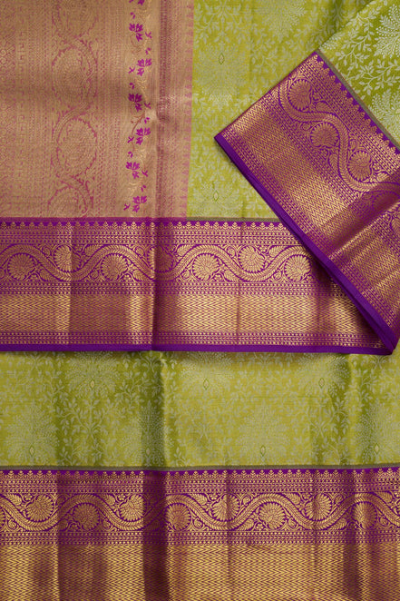 Tree of Life & Wavy Floral Vine Lime-Green Pure Tissue Silk Saree