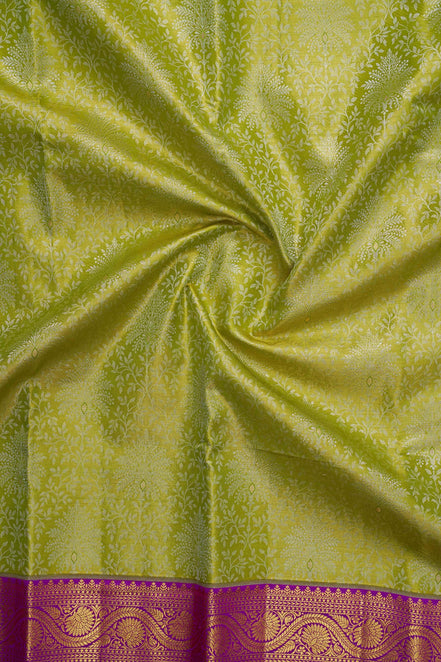 Tree of Life & Wavy Floral Vine Lime-Green Pure Tissue Silk Saree