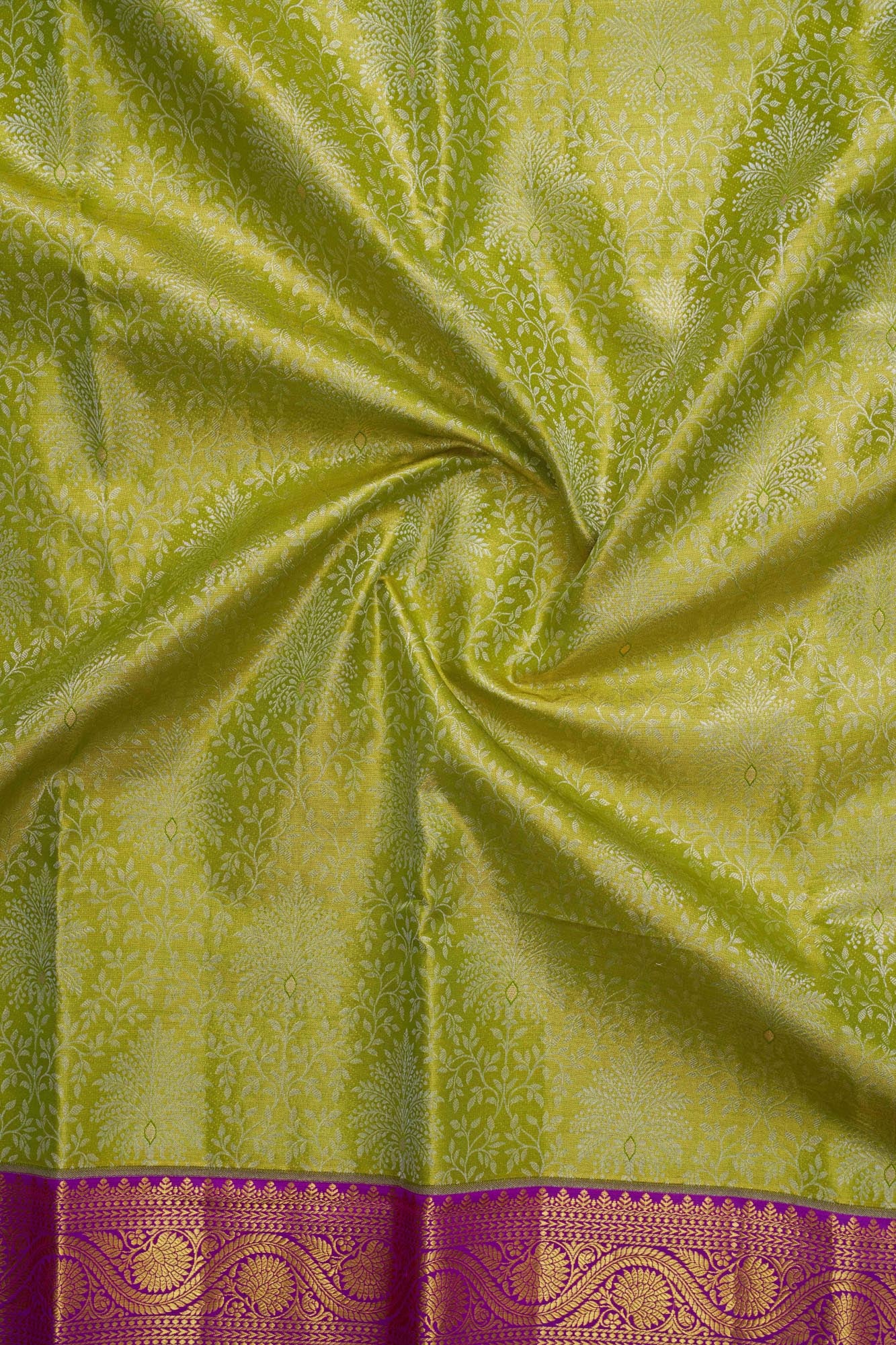 Tree of Life & Wavy Floral Vine Lime-Green Pure Tissue Silk Saree