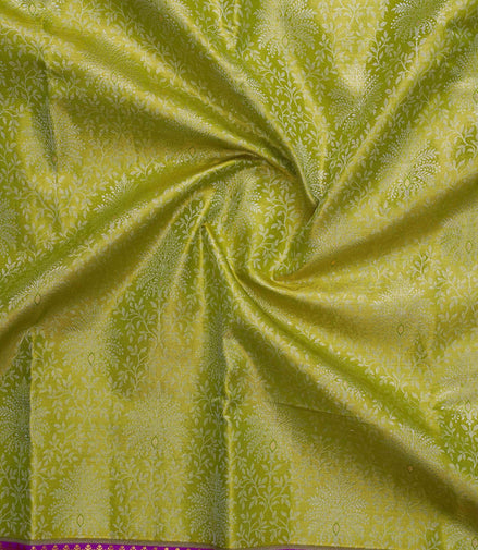 Tree of Life & Wavy Floral Vine Lime-Green Pure Tissue Silk Saree
