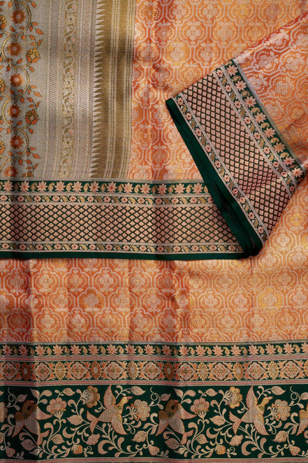 Geometric Trellis & Meenakari Flying Birds Bottle-Green Border Pure Tissue Silk Saree