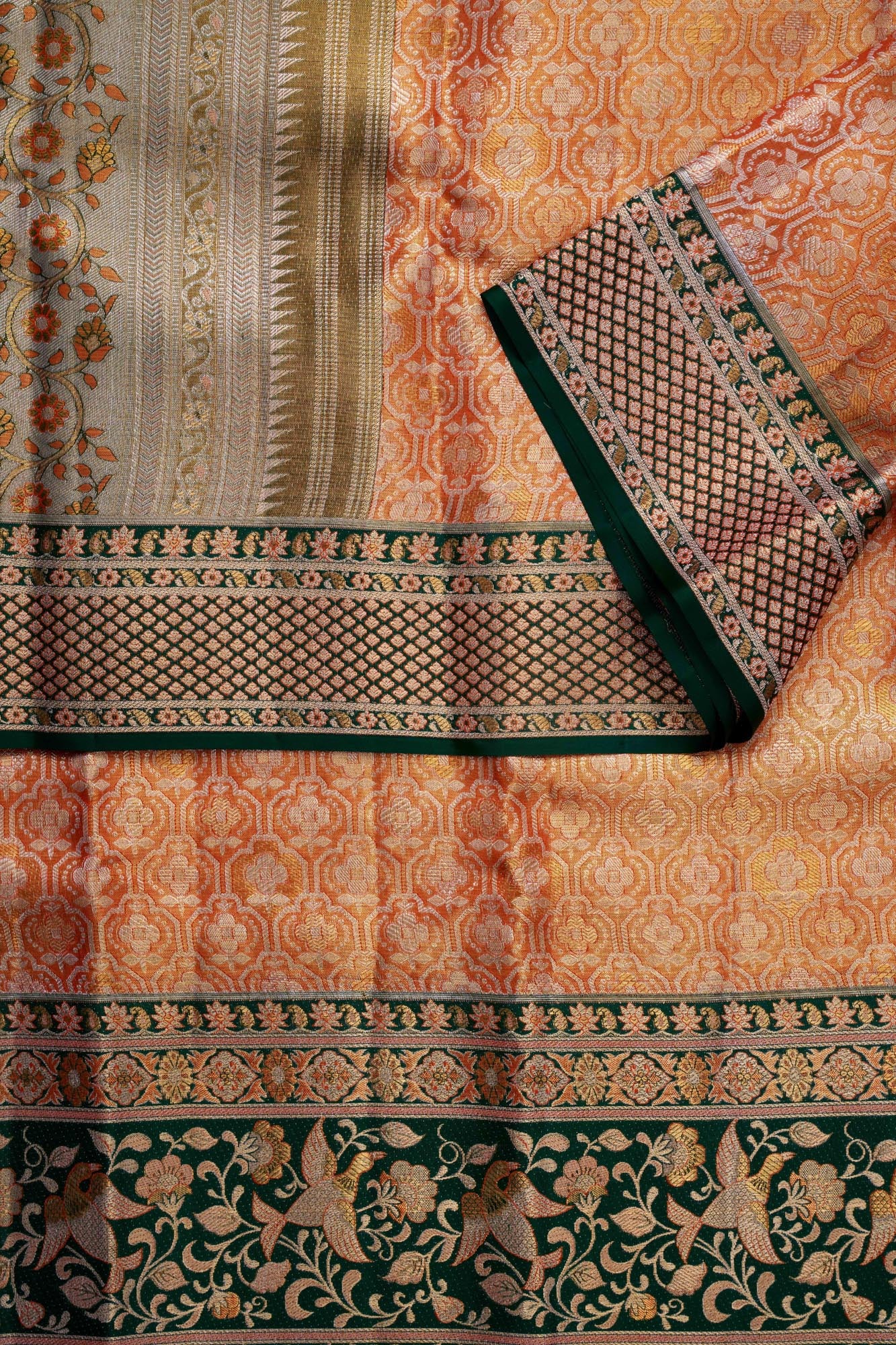 Geometric Trellis & Meenakari Flying Birds Bottle-Green Border Pure Tissue Silk Saree