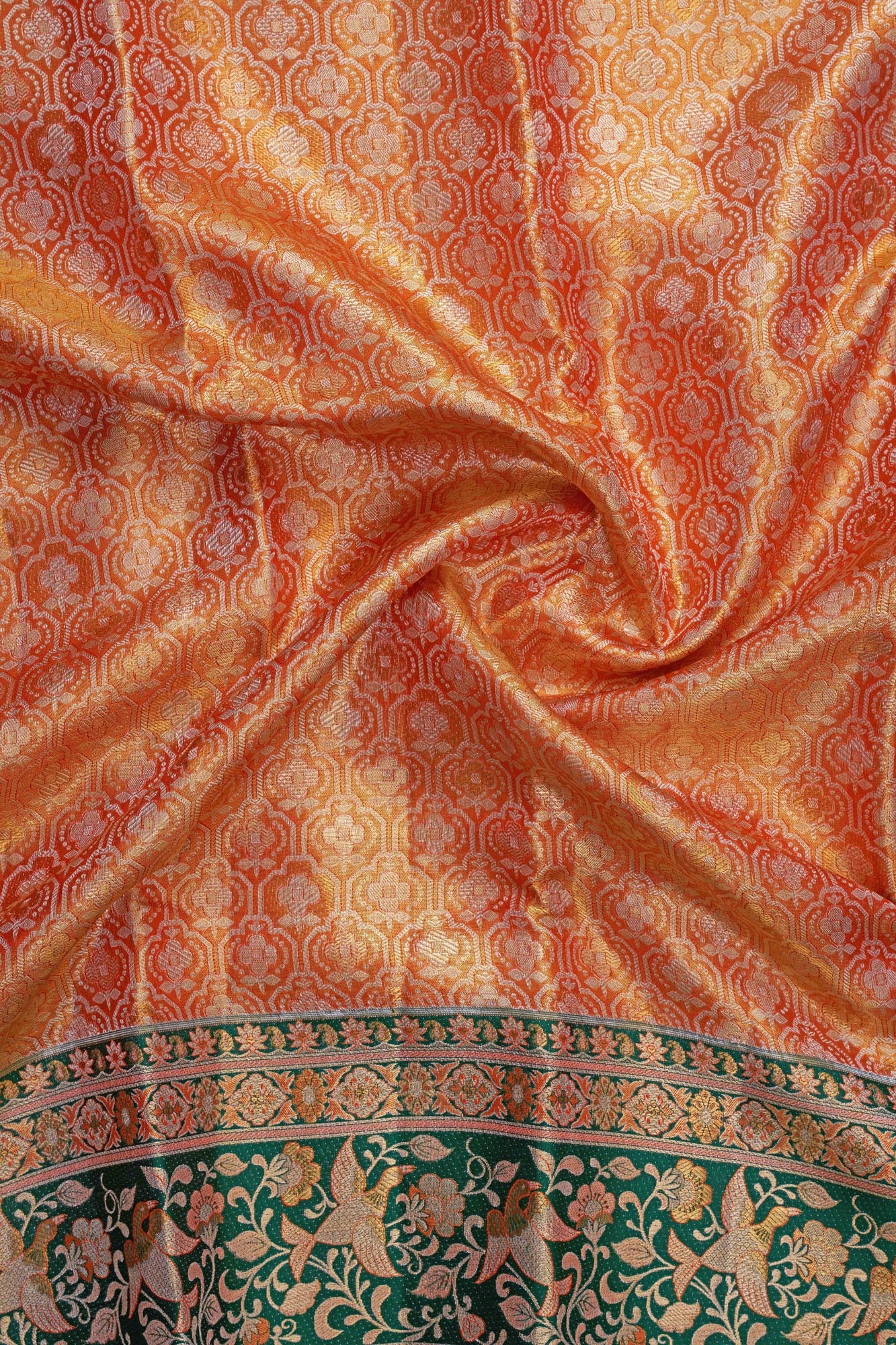 Geometric Trellis & Meenakari Flying Birds Bottle-Green Border Pure Tissue Silk Saree
