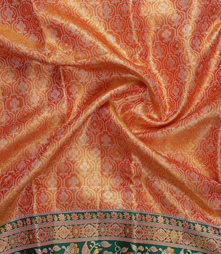 Geometric Trellis & Meenakari Flying Birds Bottle-Green Border Pure Tissue Silk Saree