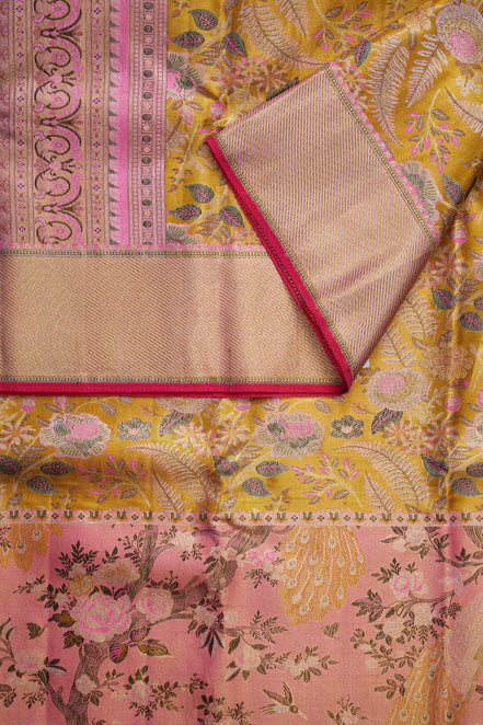 Botanical Rose Jaal & Meenakari Peacock Skirt Border Pure Tissue Silk Saree