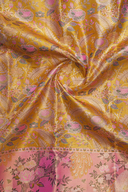 Botanical Rose Jaal & Meenakari Peacock Skirt Border Pure Tissue Silk Saree