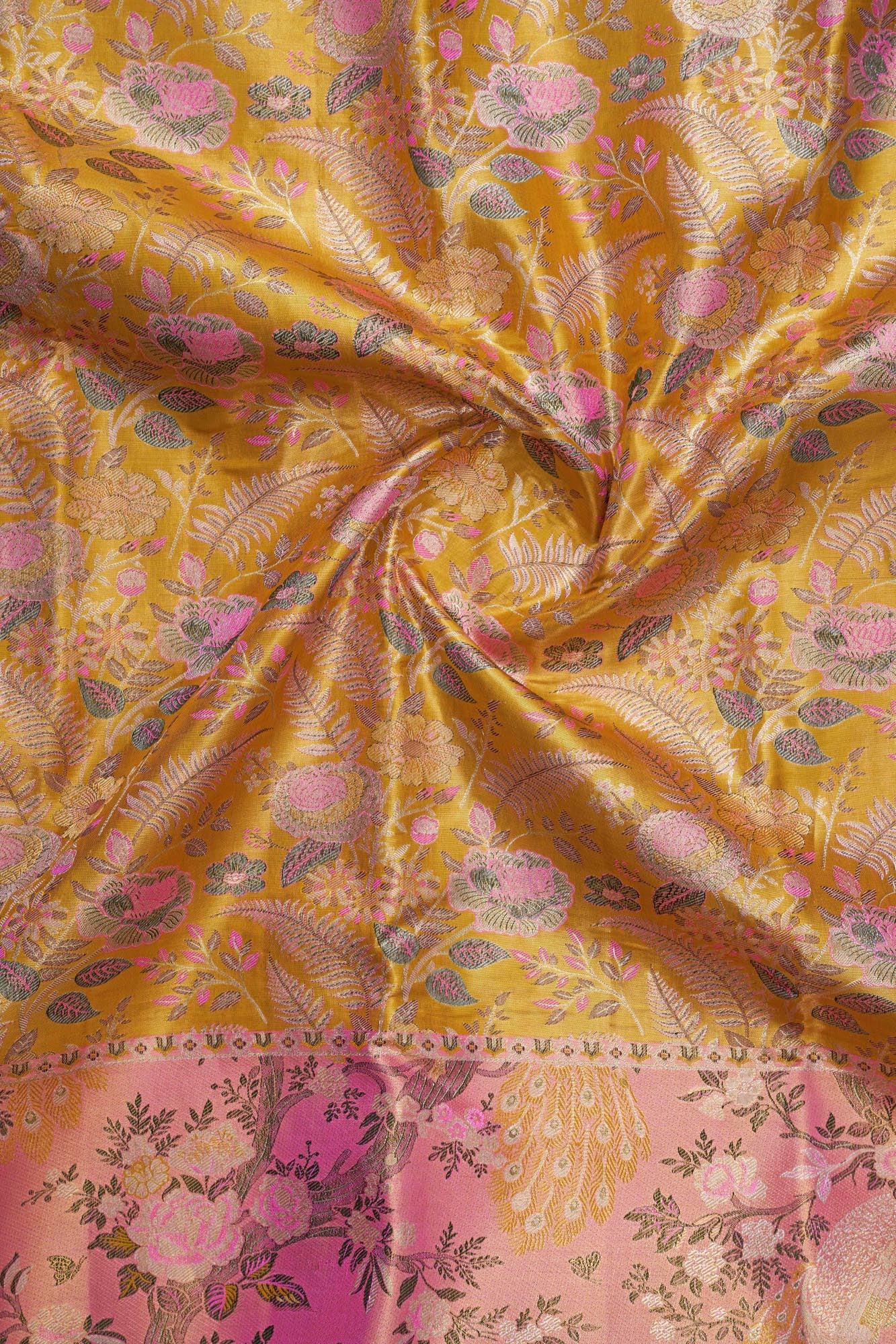 Botanical Rose Jaal & Meenakari Peacock Skirt Border Pure Tissue Silk Saree