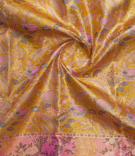 Botanical Rose Jaal & Meenakari Peacock Skirt Border Pure Tissue Silk Saree