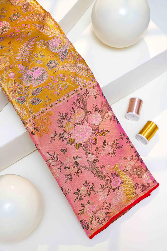 Botanical Rose Jaal & Meenakari Peacock Skirt Border Pure Tissue Silk Saree