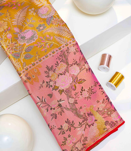 Botanical Rose Jaal & Meenakari Peacock Skirt Border Pure Tissue Silk Saree
